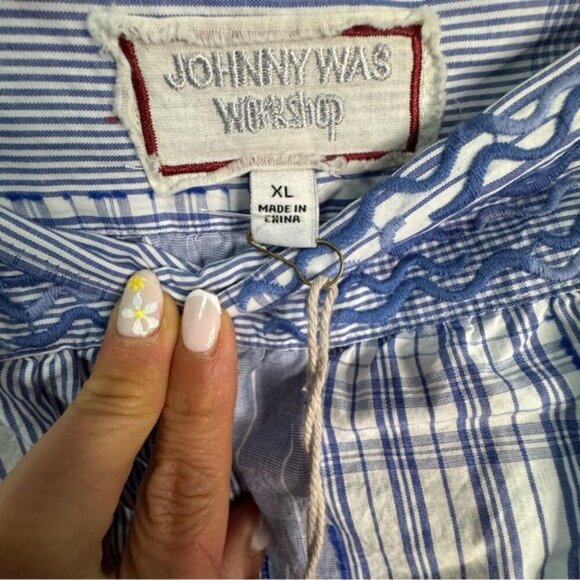 Johnny Was XL Marbella Square Neck Dress Blue Plaid Embroidered NWT MSRP $348 - Picture 4 of 8